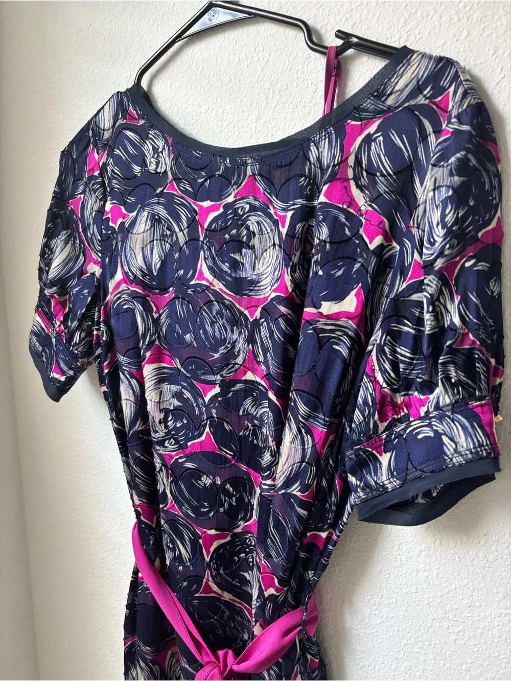 Tory Burch Silk Midi Belted short sleeve Dress Size 8 Navy Blue Gold Buttons